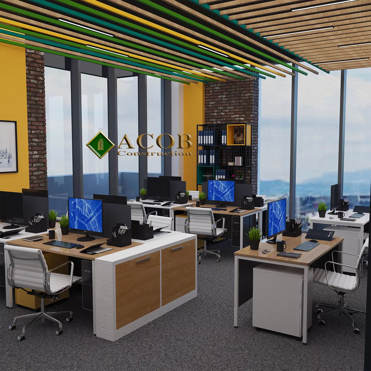 Ağ şəhər (220 m²) ofisin interyer dizaynı