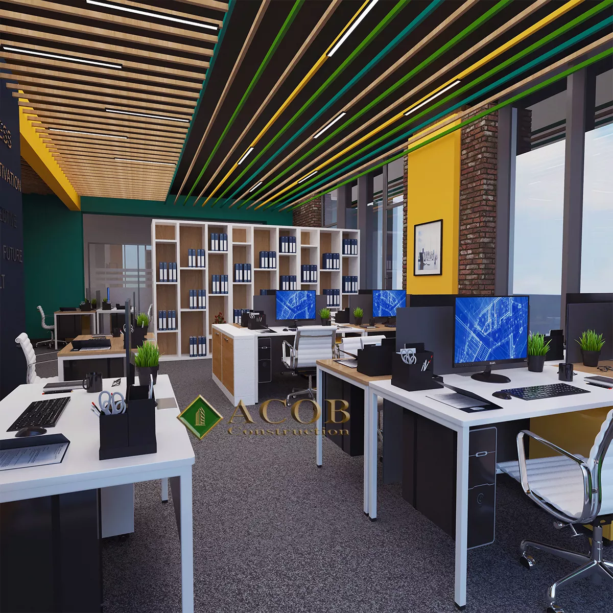 Ağ şəhər (220 m²) ofisin interyer dizaynı
