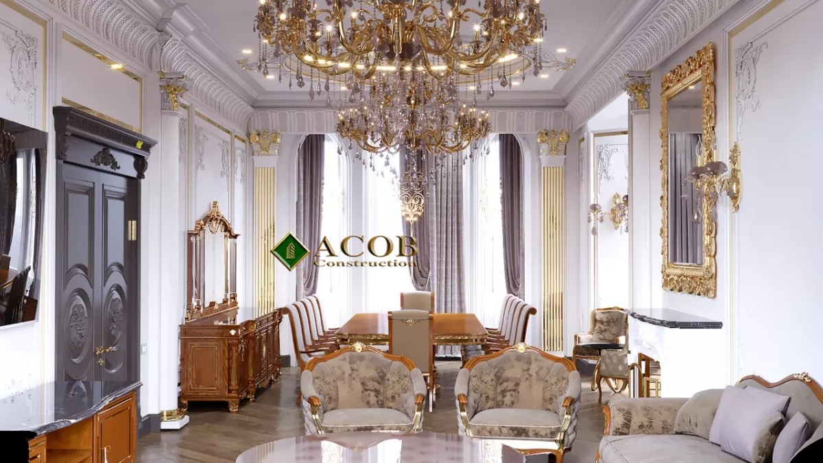 Badamdar (320 m²) villanın interyer dizaynı. Neoklassika